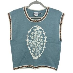Russ Petites Blue Sweater Vest Women's Size S Floral Motif Leopard Trim Knit